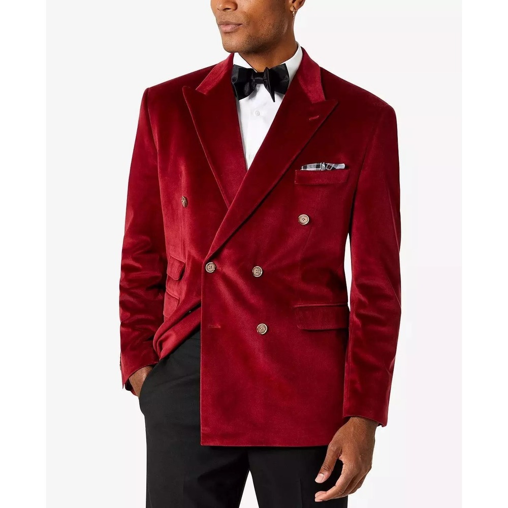 New Tayion Collection Double Breasted Velvet Suit Jacket Mens 42S Red Peak Lapel